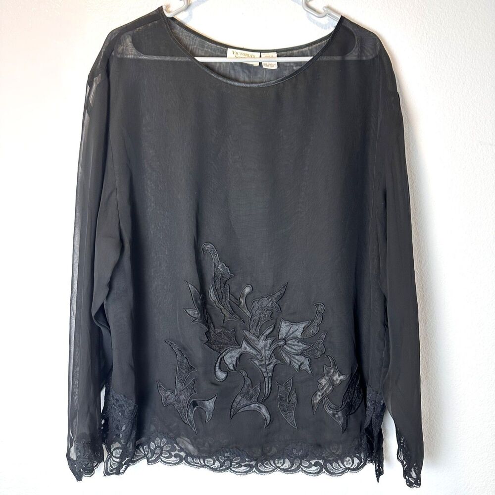 Victoria's Secret Gold Label Size‎ L Black Sheer Boudoir Top Lace Floral 1980's